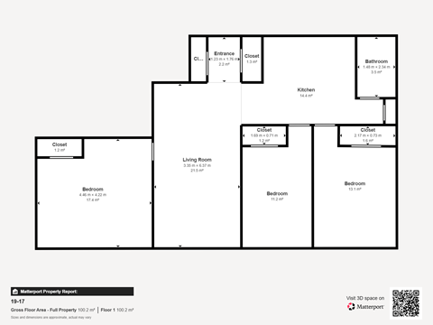 Floor plan for 3 beds, 1 bath, 950 sqft